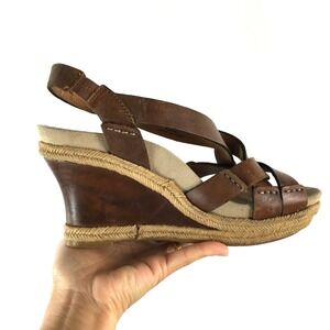 Earthies Salerno Brown Leather Strappy Wedge Summer Sandals Boho Women's Size 8B